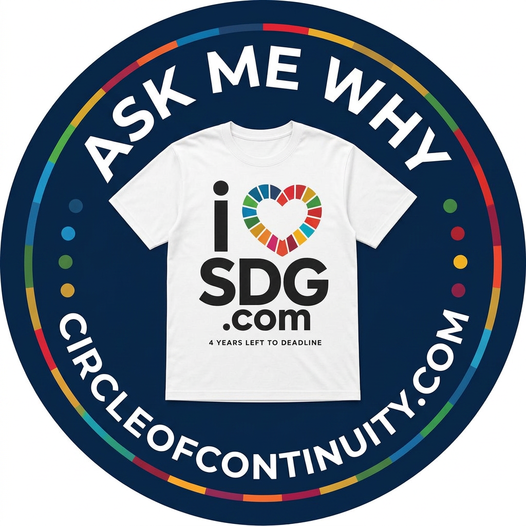 Ask Me Why badge with the full i heart SDG.com shirt graphic and CircleOfContinuity.com around the rim