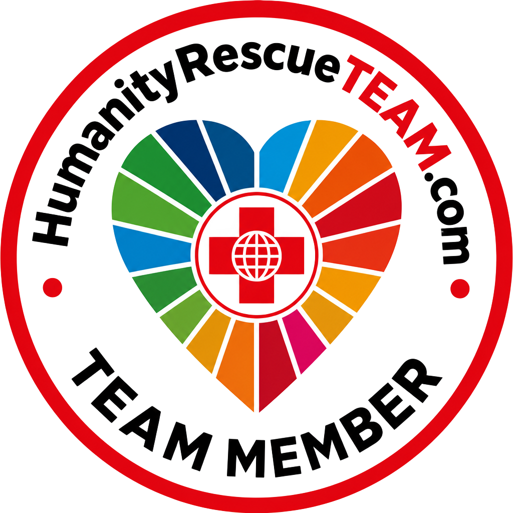 HumanityRescueTEAM.com badge with an SDG colour heart, rescue cross and globe