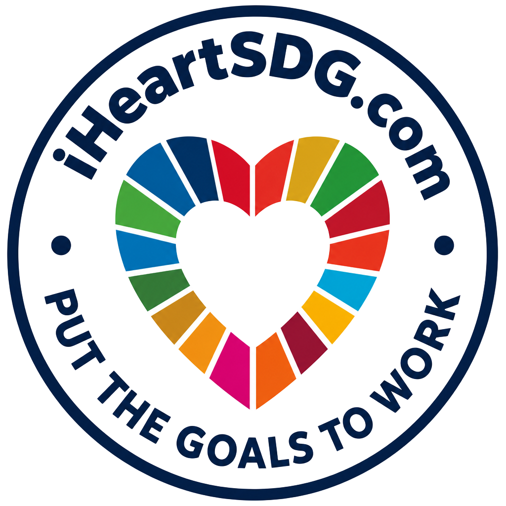 iHeartSDG.com badge with a heart made of SDG colour segments