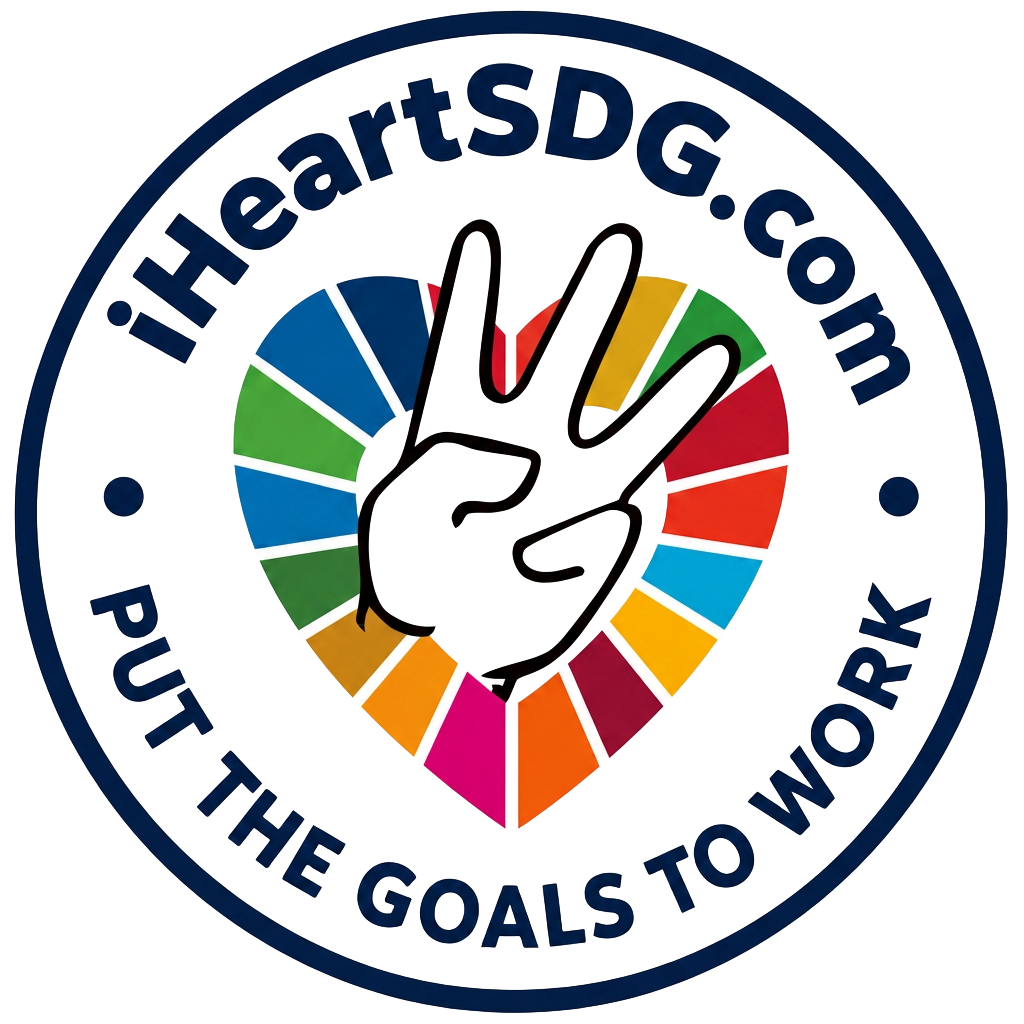 iHeartSDG.com badge with an outlined three-finger hand gesture emerging from the SDG colour heart